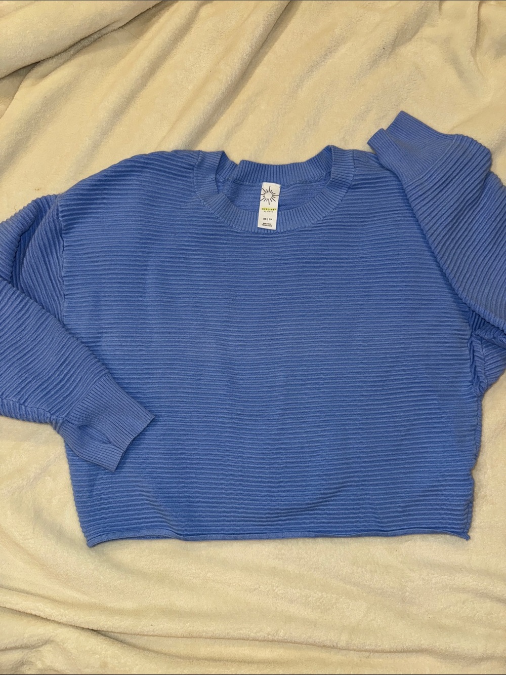 Offline By Aerie Ribbed Oversized Crewneck Cropped Sweater in Periwinkle. XS